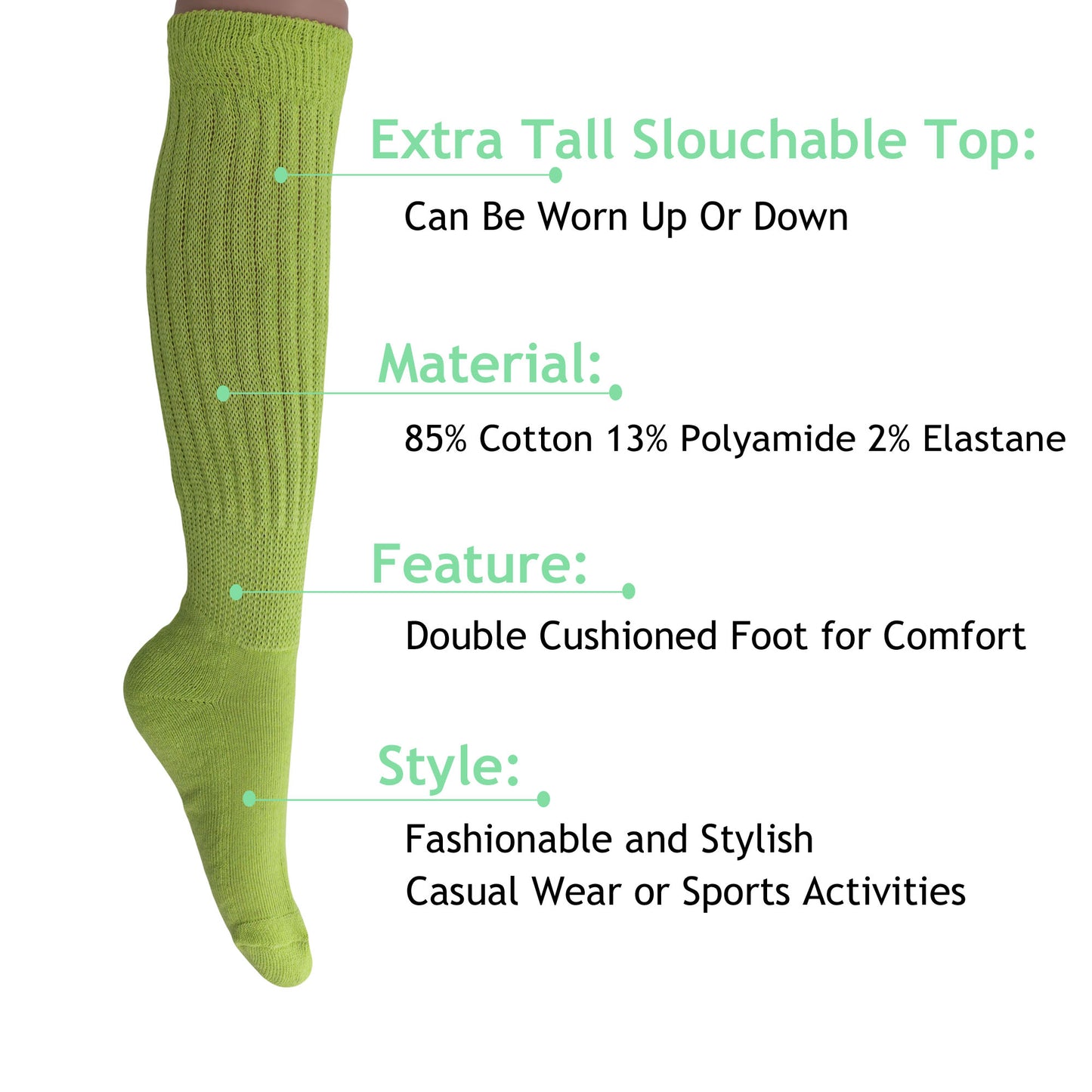 Almond Green Slouch Socks for Women Premium Cotton Knee High Socks