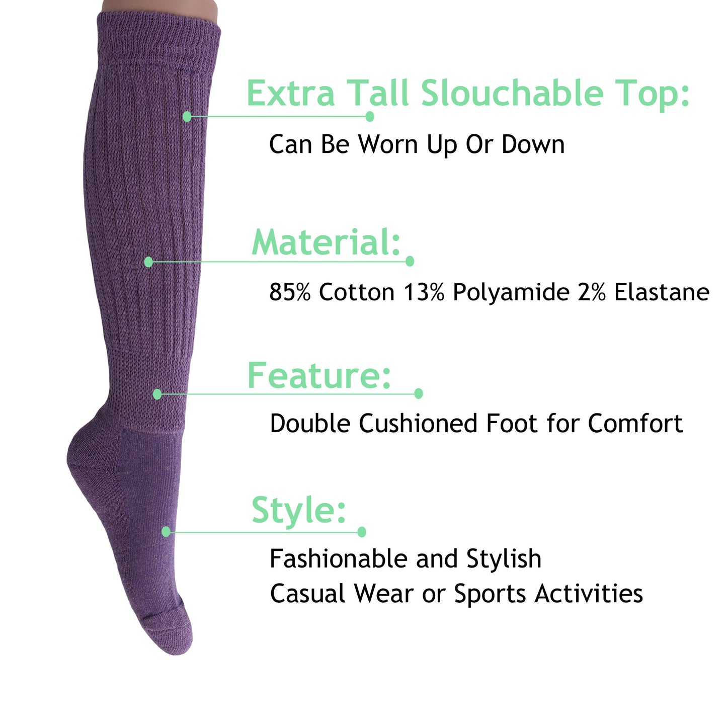 Purple Slouch Socks for Women Scrunch Cotton Knee High Socks